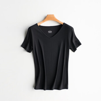 短袖t恤女士ins潮夏季新款韩版v领子中长款莫代尔修身打底衫外穿黑色m
