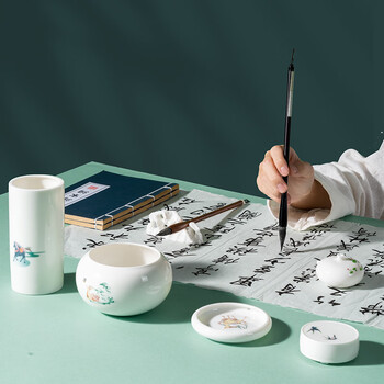 得力（deli）文房四宝高档礼盒墨碟笔筒印泥台全套风水摆件文房配件 白瓷佳节生日礼物送领导客户长辈