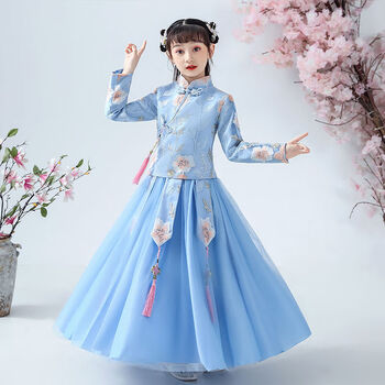 儿童旗袍春季汉服女童唐装仙女裙小学生古装儿童礼服公主裙 蓝色长袖