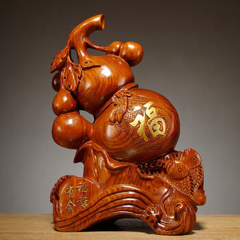 仙莱阁花梨木雕刻福禄有鱼葫芦摆件实木质植物家居办公室装饰摆设礼品