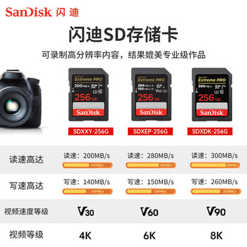 闪迪（SanDisk）存储卡256GB 4K SD内存卡V30 U3 C10相机存储卡 读200MB/s 写140MB/s 微单/单反相机存储卡/内存卡
