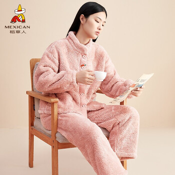 稻草人睡衣睡裤女士家居服套装秋冬季珊瑚绒加厚防寒成人休闲睡衣裤
