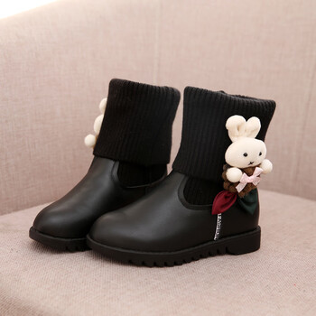 女童洋气靴子2018秋冬季雪地棉儿童短靴女加绒鞋大童新款公主潮 黑色
