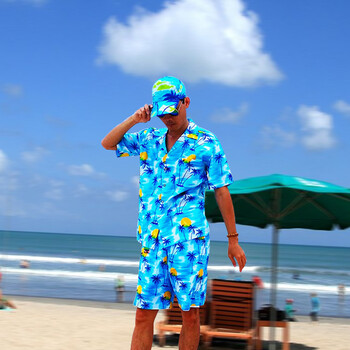 海南岛服男海边男岛服服旅游休闲衬衫沙滩情侣民族夏威夷子短袖蓝色