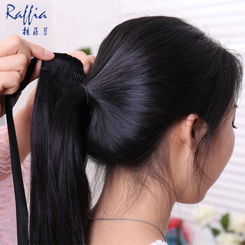 拉菲草真发马尾女绑带式全真人发丝发尾辫子发无痕接发片长直发假发