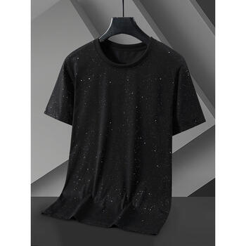 加肥加大男t恤短袖300斤潮胖子大码男装烫钻半袖体恤宽松薄款 黑色