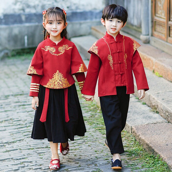 中式唐装男生元旦朗诵合唱演出服古装女孩喜庆新年表演拜年服a092套装