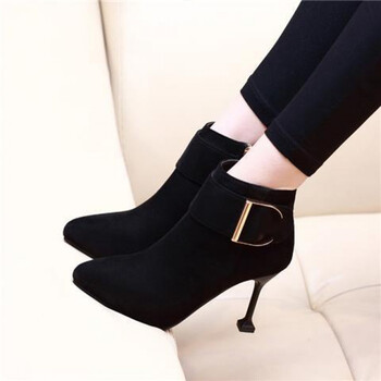 纯门高跟短靴女秋冬款短靴韩版百搭防水台细跟马丁靴尖头绒面裸靴 黑