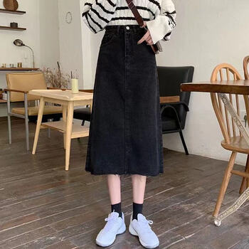 尹情梨形身材遮胯女装显瘦洋气牛仔裙子中长款字高腰半身裙定制 黑色