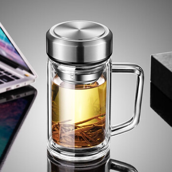 泰冠启卓一不染加厚耐热玻璃杯带把带盖过滤茶水分离家用泡茶杯男女式