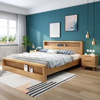 盟扬 床实木北欧简约现代主卧双人床婚床床头储物 床 2个床头柜 1.