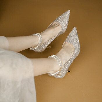 arshfe法式水晶高跟鞋女春季新款珍珠一字扣带不掉跟礼配裙细跟单鞋