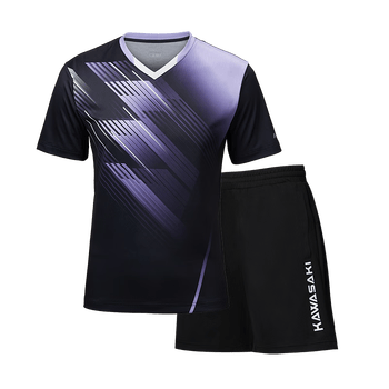 川崎（KAWASAKI）羽毛球服男款专业运动V领短袖+短裤套装B1813 黑色 3XL
