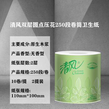 清风 卷筒卫生纸 2层250段/卷*10卷/提*10提 整箱 公用厕纸手纸B202A