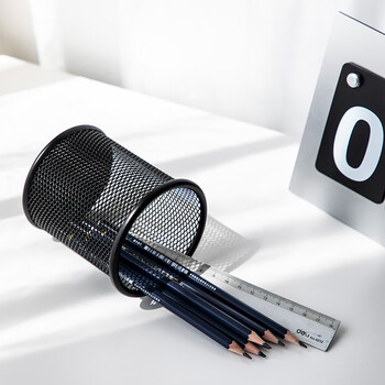 得力（deli）金属网纹圆形笔筒 简约创意桌面收纳盒 办公学习用品 黑色