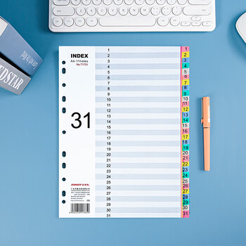 金得利11孔分页纸A4隔页纸31页彩色index数字索引纸文件夹活页纸塑料pp分类卡目录页标签办公用品T1731