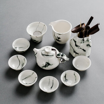 功夫茶具套装家用茶壶盖碗水墨白瓷青花瓷茶杯陶瓷潮汕景德镇中式定制