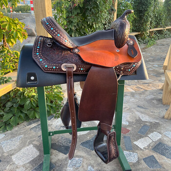 全皮进口西部马鞍骑乘鞍自然扭曲马镫带配件镶钻鞍子马安 西部马鞍16
