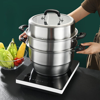 潮宝304不锈钢蒸锅五层底汤锅蒸笼大容量家用  24cm三层蒸锅