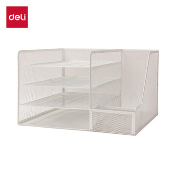 得力（deli）多功能4层金属组合式文件框/盘/栏书立办公用品桌面档案收纳盒多层资料架置物架带笔筒白色PB122