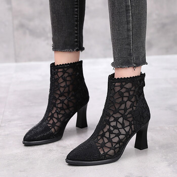 达琪薇春款网靴女透气网面夏天细跟镂空高跟短靴女款女士单靴黑色34
