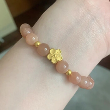 千梨开黄金小桃花手链女士本命年转运珠手链999足金花朵樱花珍珠黄金