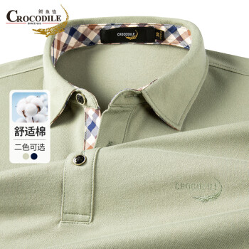 鳄鱼恤（CROCODILE）男士长袖POLO衫拼接格纹中青年翻领上衣 森林绿 L