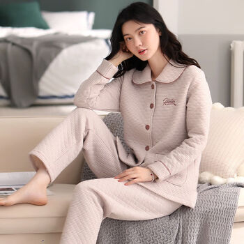 缤靓全棉夹层睡衣女秋冬款长袖100纯棉空气棉冬天薄款夹棉家居服装