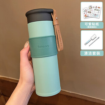 高颜值便携学生不锈钢水杯茶水分离杯子新款2023绿色450ml杯刷和贴纸