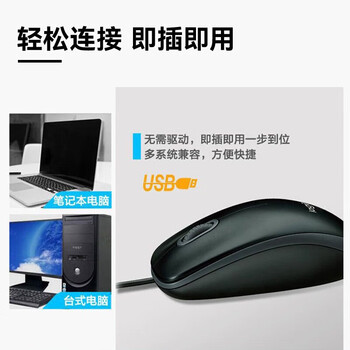 罗技（Logitech）M91P 企业级有线鼠标 电脑笔记本家用鼠标 左右手通用对称鼠标 黑色