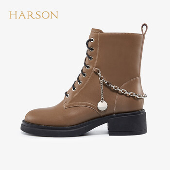 哈森2021秋冬款马丁靴女英伦风ins酷8孔百搭加绒短靴子 ha17167  豆沙