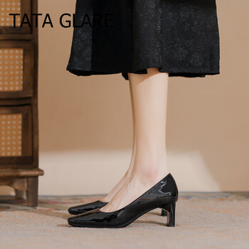 tataglare她他tata简约方头漆皮单鞋粗跟不累脚羊皮气质浅口高跟鞋