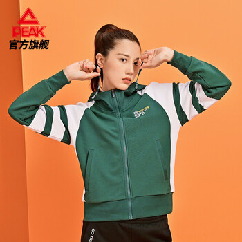 匹克peak女装连帽开衫卫衣运动外套时尚撞色运动休闲上衣df601092墨绿
