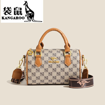 袋鼠网红复古手提包2024新款时尚波士顿包百搭印花单肩斜挎包卡其