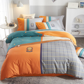 床上全棉纯棉100简约春秋轻奢床单被套被罩床笠宿舍三件套4 qm北海-桔