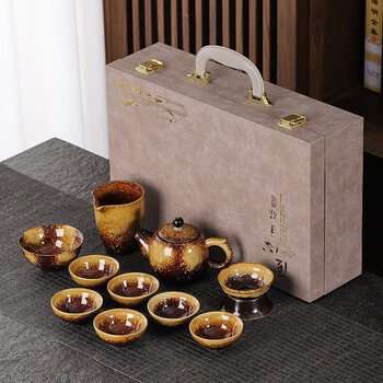 秋棠柴烧功夫茶具套装家用复古陶瓷盖碗泡茶壶茶杯商务礼品高档礼盒装