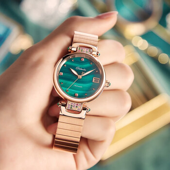 时尚小绿表镶钻潮流精钢钢带玫瑰金手表女防水翡翠绿腕表ca1241ml金绿