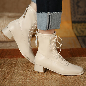 秋冬女靴子粗跟方头真牛皮短靴中跟女鞋前系带短筒靴简约复古短靴 米