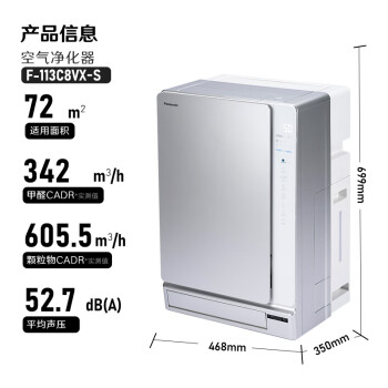 松下（Panasonic） 113C8VX空气净化器  家用除甲醛 智能APP操控 纳诺怡除菌宠物除异味 加湿一体 大面积72平米