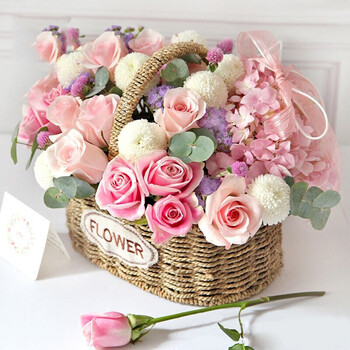 粉玫瑰绣球混搭花篮【图片 价格 品