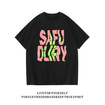 elq旗舰店3940buripanther绿色波纹字母印花t恤夏季宽松短袖黑色s