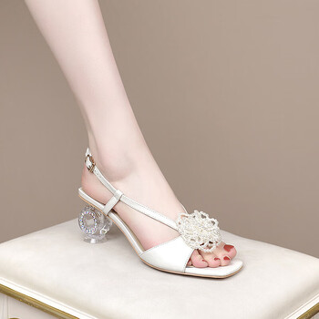 百丽驼美士严选夏季女鞋凉鞋珍珠花朵漆皮露趾鞋高跟鞋女粗跟皮鞋女
