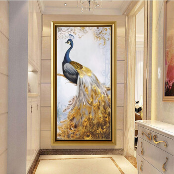 墨派油画手绘孔雀入户玄关装饰画竖版手工绘制现代简约走廊过道壁画
