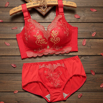 结婚新娘内衣女小胸聚拢无钢圈性感刺绣胸罩喜结良缘套装红色34a75a
