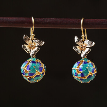 宝札民族古风景泰蓝耳环复古森系超仙花朵吊坠耳夹气质耳饰显瘦女925