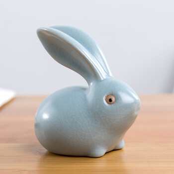 恒愎创意可爱兔子摆件陶瓷工艺厅电视柜房间居装饰品礼物天蓝汝窑