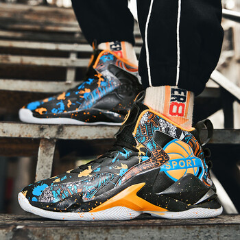 安錔鞋子男潮鞋皮面新款男士运动鞋高帮学生球鞋男学生篮球跑步鞋黑橘