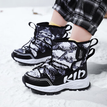 耐克森男童雪地靴冬季2023新款加绒加厚儿童靴子中大童防滑男孩东黑白