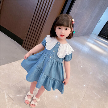 鸾雀翔一岁女孩衣服夏季薄款女童连衣裙女宝宝13岁可爱娃娃领领牛仔裙