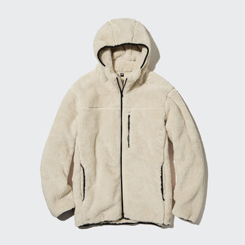 优衣库男装防风长绒摇粒绒连帽外套抓绒长袖45818101乳白色16584as